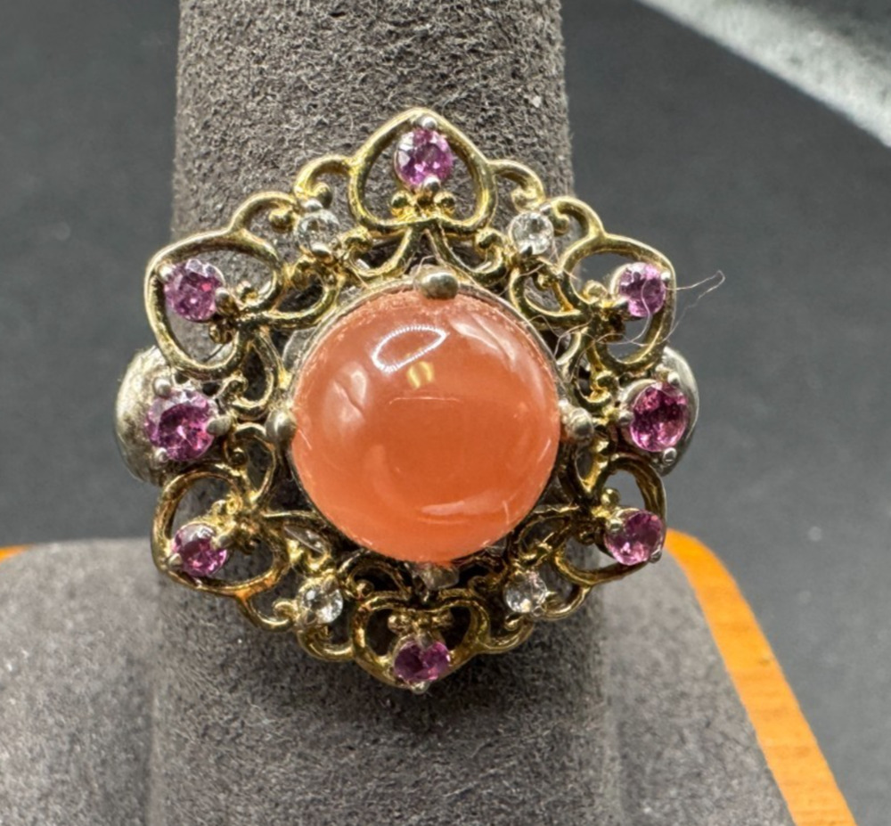 STS Chuck Clemency Sterling Silver Gold Tone Peach Moonstone Rhodolite Ring Sz 9